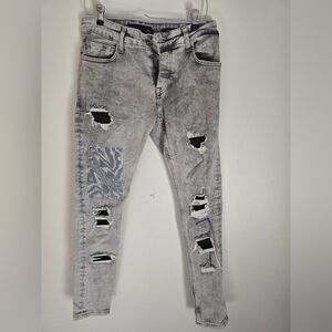 Men's Distressed Gray Patch Biker Jeans W31 L32